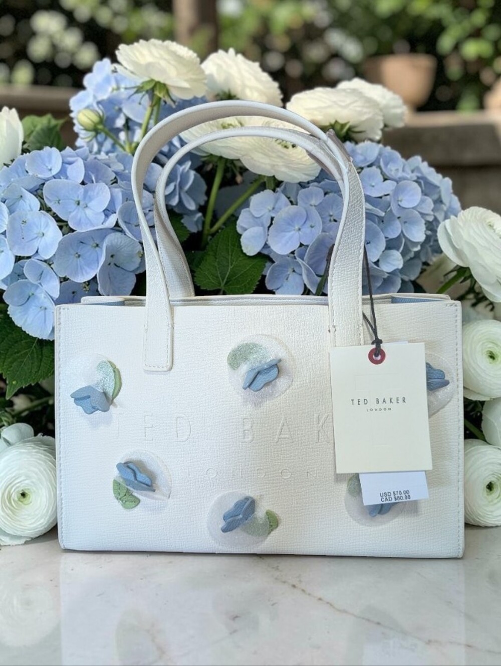 Ted Baker White Tote with Blue Floral Appliqués